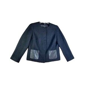 TALBOTS Petites Black Boucle Jacket Wool Blend Faux Leather Pockets Sz 14 P